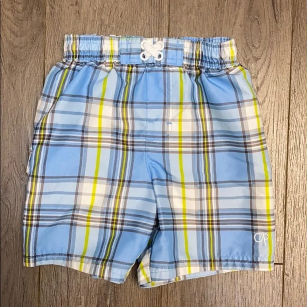 OP Toddler Blue/White/Lime Plaid Swim Trunks